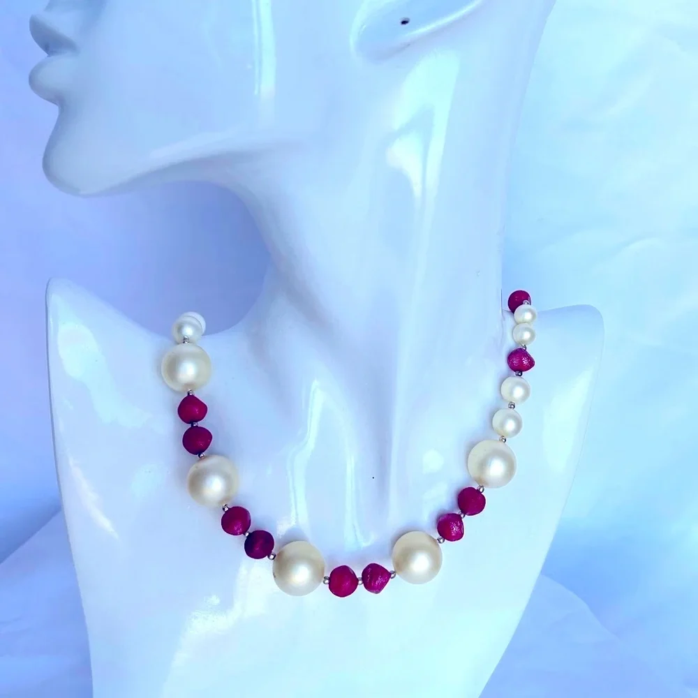 Vintage 1950’s Necklace Faux Pearl & Cranberry Colored Beads